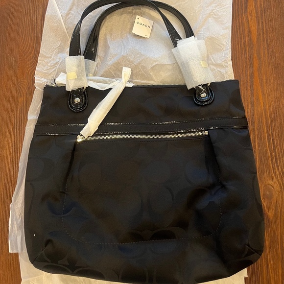 Coach Poppy Metallic Sateen Glam Tote Black Silver